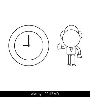 Vector illustration businessman character gesturing thumbs up with clock time icon. Black outline. Stock Vector