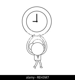 Vector illustration businessman character walking and holding up clock time icon. Black outline. Stock Vector