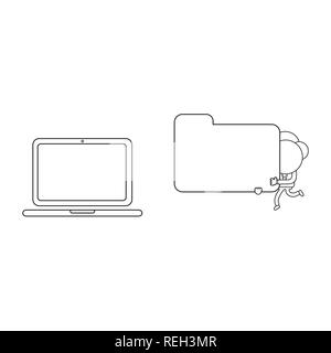 Vector illustration businessman character running and carrying closed file folder to laptop computer. Black outline. Stock Vector