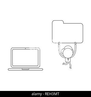 Vector illustration businessman character running and carrying closed file folder from laptop computer. Black outline. Stock Vector