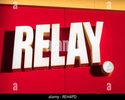 PARIS, FRANCE - NOVEMBER circa, 2018. A small Relay front Store in the Paris Airport departures terminal in France. Open for the sale of confectionery Stock Photo