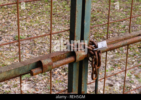 Old Padlock Hanging on a Rustic Chain and a Metal Gate. Retro Stock Photo