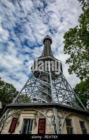 PRAGUE, CZECH REPUBLIC - AUGUST 28, 2015: Petrin observation and lookup tower in the Petrin park in West Prague is one of the most visited tourist att Stock Photo