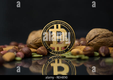 Bitcoin cryptocurrency physical coin surrounded with variety of nuts, including walnuts, almonds, hazelnuts and pumpkin seeds in the black background Stock Photo