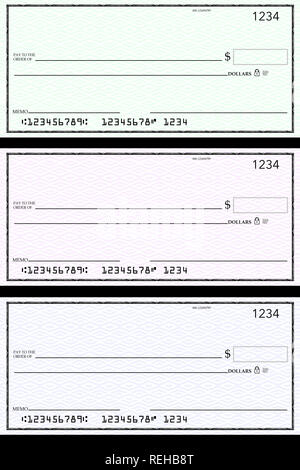 Blank generic bank checks, three of them in different colors are isolated on the background. This is an illustration. Stock Photo