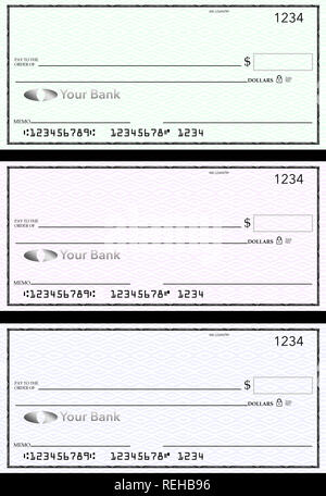 Blank generic bank checks, three of them in different colors are isolated on the background. This is an illustration. Stock Photo