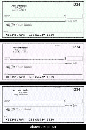 Blank generic bank checks, three of them in different colors are isolated on the background. This is an illustration. Stock Photo