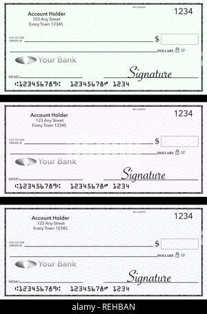 Blank generic bank checks, three of them in different colors are isolated on the background. This is an illustration. Stock Photo