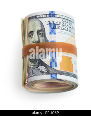 Bundle of One Hundred Dollars notes in male hand isolated on white ...