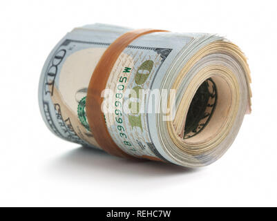 rolled one hundred dollars notes isolated on white background Stock Photo