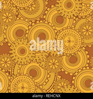 Golden iron gearwheels technology backdrop. Vintage wallpaper with mechanism. Steampunk style Stock Vector