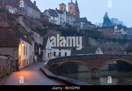 Foggy Night in Semur-en-Auxois. Burgundy, France. Pont Pinard Stock Photo