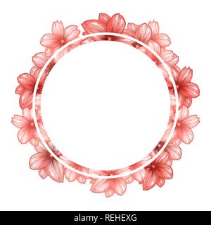 Romantic circle photo frame with pink cherry flowers. Round border with place for your image. Vector illustration Stock Vector