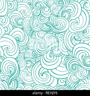 Decorative ornamental turqiouse or blue waves in sketch style. Can be used for pillow fabric textile design. Vector seamless pattern Stock Vector