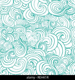 Seamless pattern with blue white stylized curls and waves for fabric textile design, pillow or wrapping. Vector illustration Stock Vector
