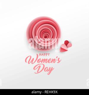 Happy Women's Day greeting card vector template. Rose bud, red hearts paper cut composition. Illustration with handwritten lettering, origami. International women's day paper art poster design Stock Vector