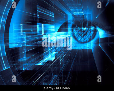 Human eye and. futuristic tunnel or portal - abstract collage. Artificial intelligence or data security concept background. For web design, banners, p Stock Photo