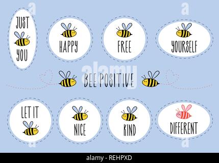 Motivational stickers with quotes, be happy, be free, be yourself, be kind, be different, set of vector graphic design elements Stock Vector