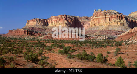 USA, Utah, Capitol Reef National Park, Rugged cliffs form the western face of the Waterpocket Fold near Grand Wash. Stock Photo