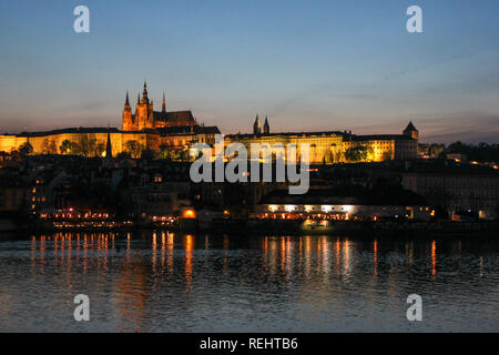 Scenic evening view on Vltava river, Prague castle and historical center of Prague,buildings and landmarks of old town, Prague, Czech Republic Stock Photo