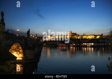 Scenic evening view on Vltava river, Charles Bridge, Prague castle and historical center of Prague,buildings and landmarks of old town, Prague, Czech Republic Stock Photo