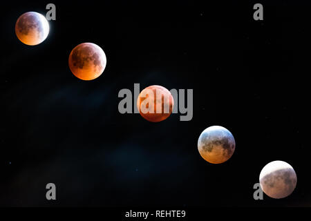 Five phases of thesuper blood wolf moon eclipse. Stock Photo