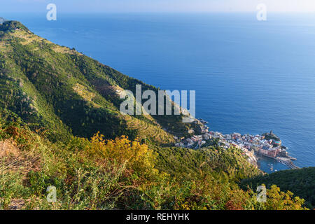 View of Vernazza from mountain in coastline of Liguria, Cinque Terre. Italy Stock Photo