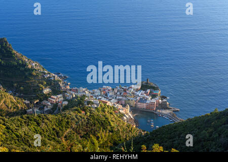 View of Vernazza from mountain in coastline of Liguria, Cinque Terre. Italy Stock Photo