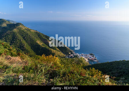 View of Vernazza from mountain in coastline of Liguria, Cinque Terre. Italy Stock Photo