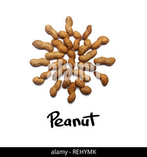 Pattern of Nuts - unpeeled peanuts on a white background in the shape of a circle. Concepts about decoration, healthy eating and food background. Stock Photo