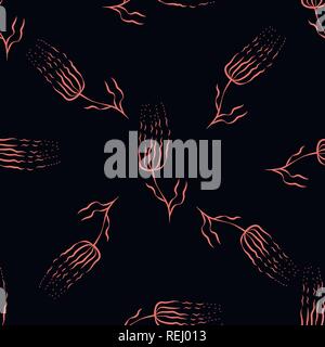 Abstract flowers with thin petals. Seamless pattern. Color coral on black background Stock Vector