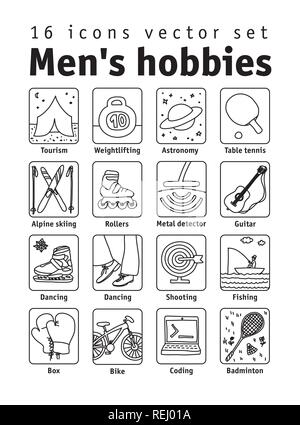 Hobbies men objects sport tourism coding black and white icons set Stock Vector