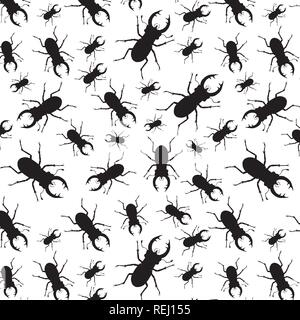 black stag beetle seamless pattern (Lucanus cervus) on white background Stock Vector