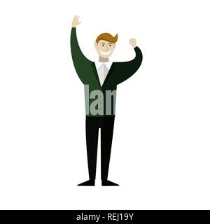 Businessman waving his hand. Red man in a green suit. Vector illustration. Flat design. Stock Vector