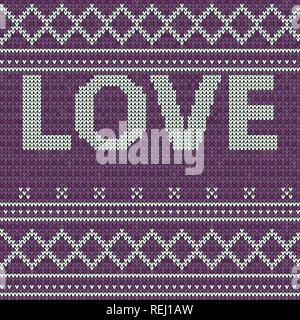 Knitted purple seamless pattern background. Sweater vector illustration. Knitwear design. Embroidery love Stock Vector