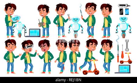Asian Boy Schoolboy Kid Poses Set Vector. Primary School Child. Funny ...