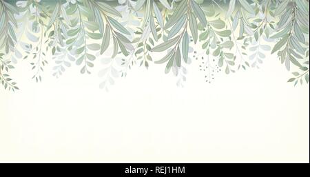 Card with beautiful twigs with leaves. Wedding ornament concept. Imitation of watercolor. Sketched wreath, floral and herbs garland Stock Vector