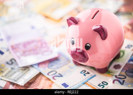 Piggy bank stands on a large quantity of euro banknotes.