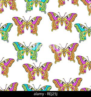 Abstract butterflies seamless pattern, hand drawing, textile print, vector illustration. Patterned colorful bright neon insect with wings on white bac Stock Vector