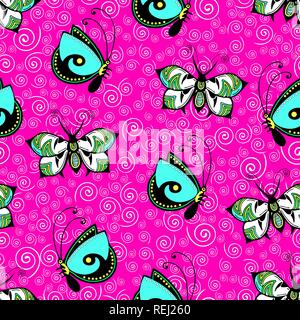 Abstract butterflies seamless pattern, hand drawing, textile print, ornament, vector illustration. Patterned colorful insect with wings on bright pink Stock Vector