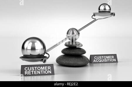 3D illustration of a conceptual scale made with pebbles and two possibilities customer retention or acquisition Stock Photo