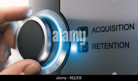 Sales Person turning a knob to select customer retention strategy instead of acquisition. Composite image between a hand photography and a 3D backgrou Stock Photo