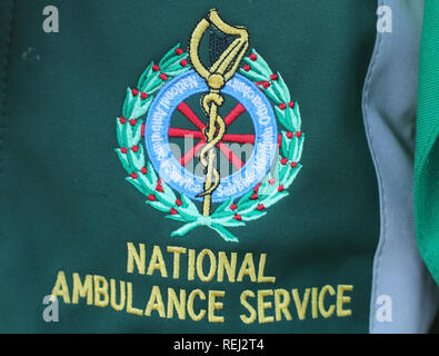 A National Ambulance Service logo on one of the 500 ambulance staff from the Psychiatric Nurses Association, who are staging a 10-hour strike, take part in a picket outside an ambulance station on Dublin's Davitt Road in a dispute over union recognition. Stock Photo