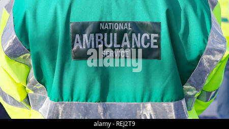 The logo of the National Ambulance Service on of the 500 ambulance staff from the Psychiatric Nurses Association, who are staging a 10-hour strike, take part in a picket outside an ambulance station on Dublin's Davitt Road in a dispute over union recognition. Stock Photo