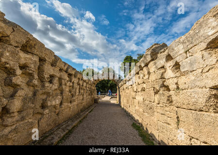 Olympia, Greece - October 31, 2017: Arch at entry to Stadium, Olympia - Ruins of the ancient Greek city of Olympia, Peloponnese, Greece. Stock Photo