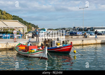 Katakolon, Greece - October 31, 2017: Colorful wooden fishing boats in harbor of the Katakolon (Olimpia), Greece. Stock Photo