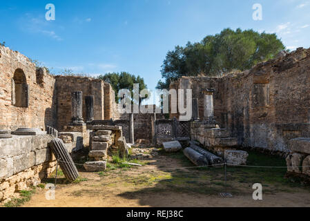 Olympia, Greece - October 31, 2017: Pheidias' workshop and paleochristian basilica in the archaeological site of Ancient Olympia were was made statue  Stock Photo