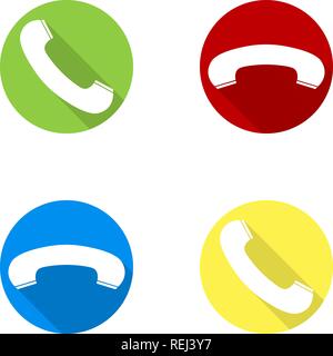 Set of round phone receiver icons. Flat icon inside a circle. Red, yellow, blue, green versions. Designed for web and software interfaces. Vector illu Stock Vector