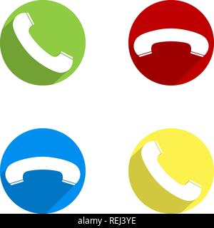Set of round phone receiver icons. Flat icon inside a circle. Red, yellow, blue, green versions. Designed for web and software interfaces. Vector illu Stock Vector