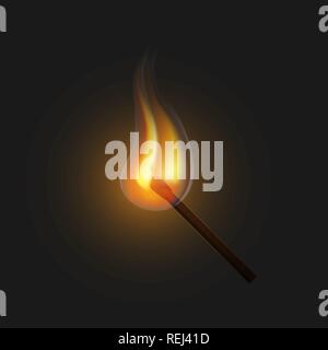 Burning match on a black background for design. Realistic fire. Vector illustration, EPS10. Stock Vector